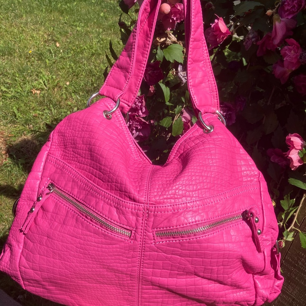 Vibrant Pink Croc-Embossed Shoulder Bag